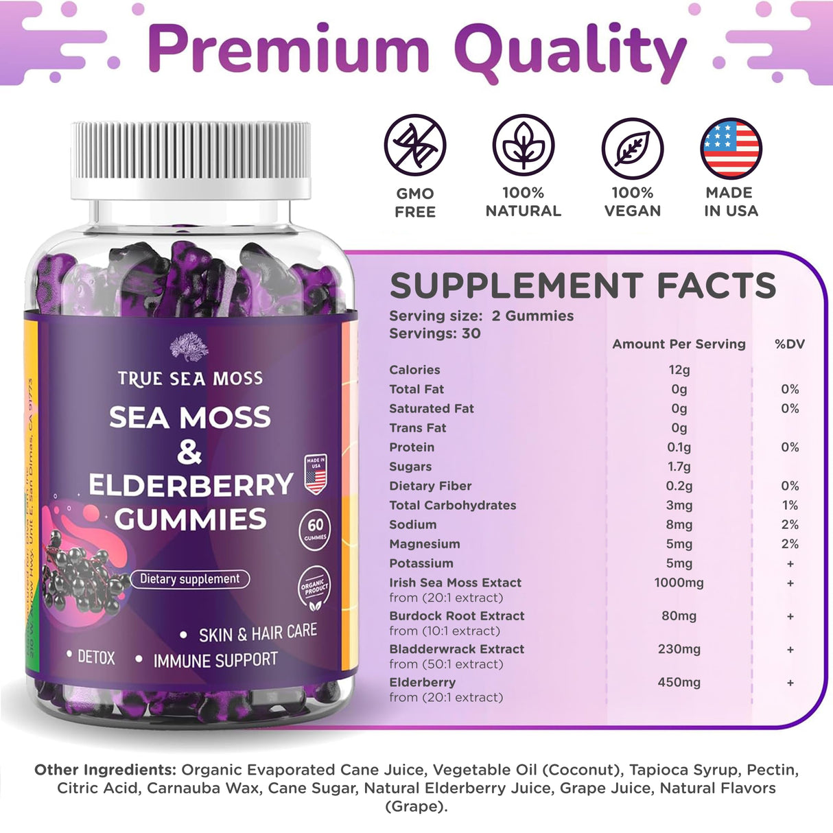 TrueSeaMoss Sea Moss Gummies, Contains Irish Sea Moss, Extract, Burdock Root, Bladderwrack, Seamoss Gel Gummies for Immune Support, Energy (60 pcs Pack of 2, SeaMoss and Elderberry)