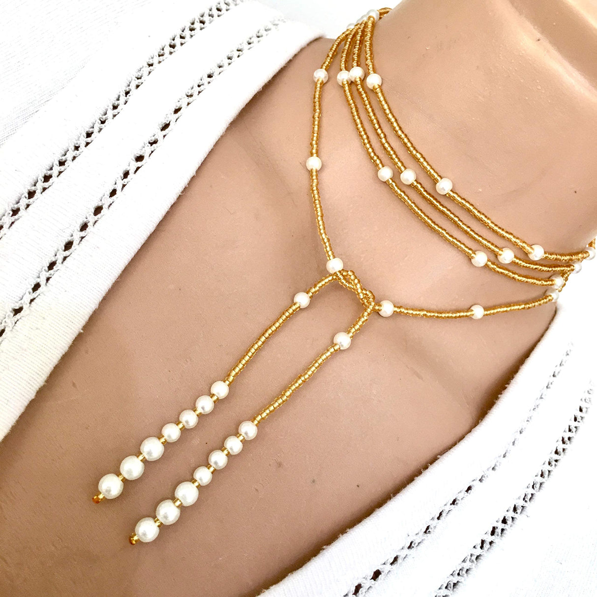 Lariat Wrapped Necklace, Long Wrap Necklace, Tie Choker Jewelry, Seed Bead Necklace, Beaded Choker, Christimas Gift Woman