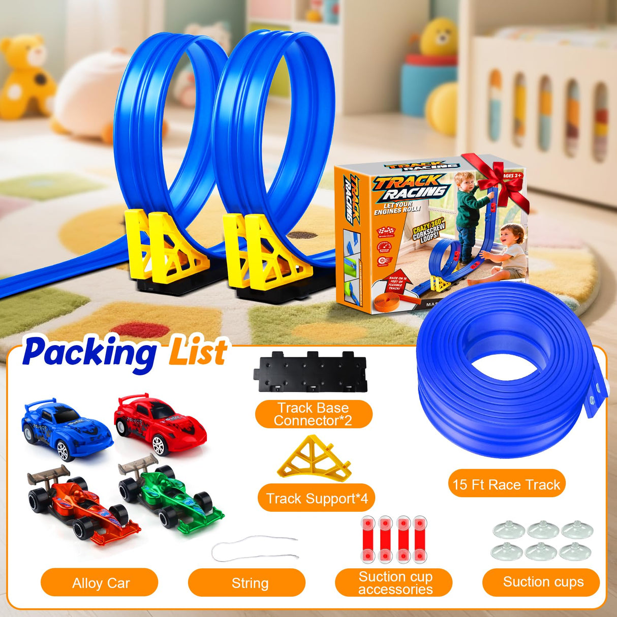 Flexible Race Track Toy Set: 15ft DIY Bendable Ramp with Suction Cups – Portable Roll-Up Car Track for Kids Compatible with 1:64 Diecast Cars – Birthday Christmas for Boys Girls Ages 3+