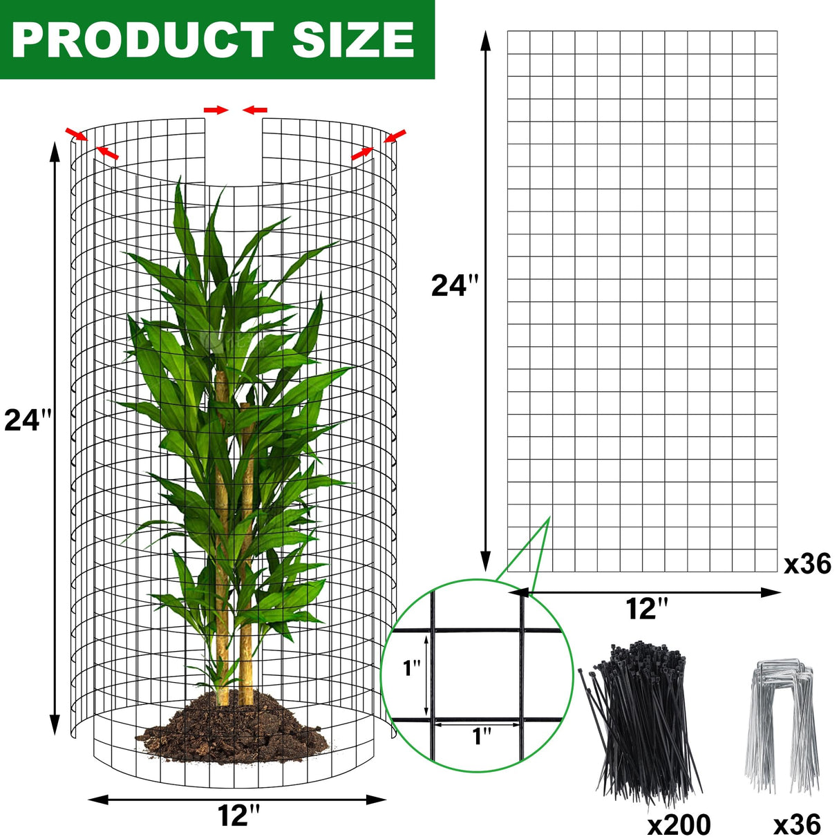 winemana 12 Set Plant Protectors Covers from Animals, 36 Pcs 24x12 Inch Metal Wire Garden Cages with Stakes & Ties, Outdoor Protection to Keep Rabbits Chickens Out for Flowers Vegetables (Black)