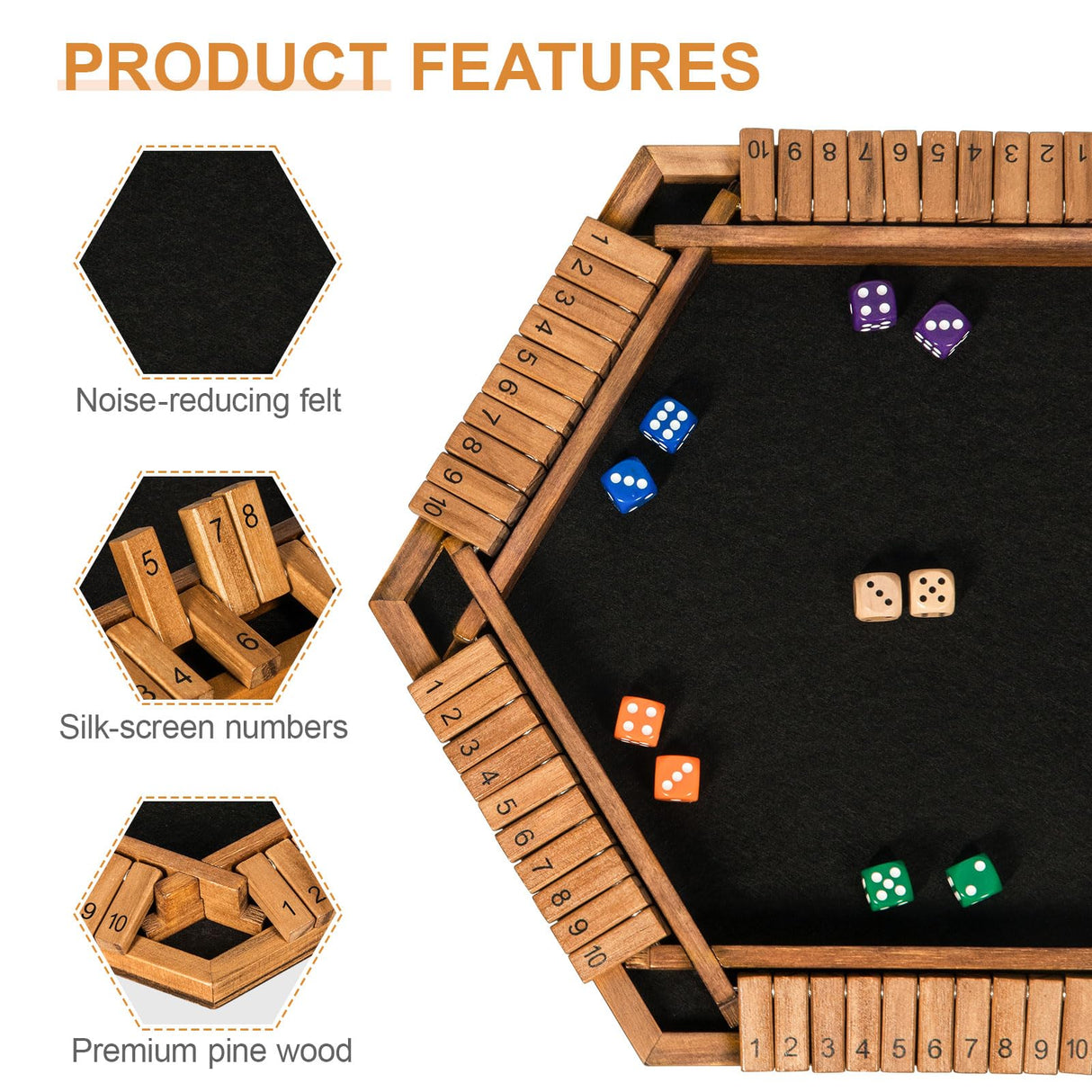 BIVOMON 1-6 Players Shut The Box Dice Game, Wooden Board Table Math Game for Kids Adult with 24 Dice, Close The Box Game for Family, Party, Christmas, Birthday