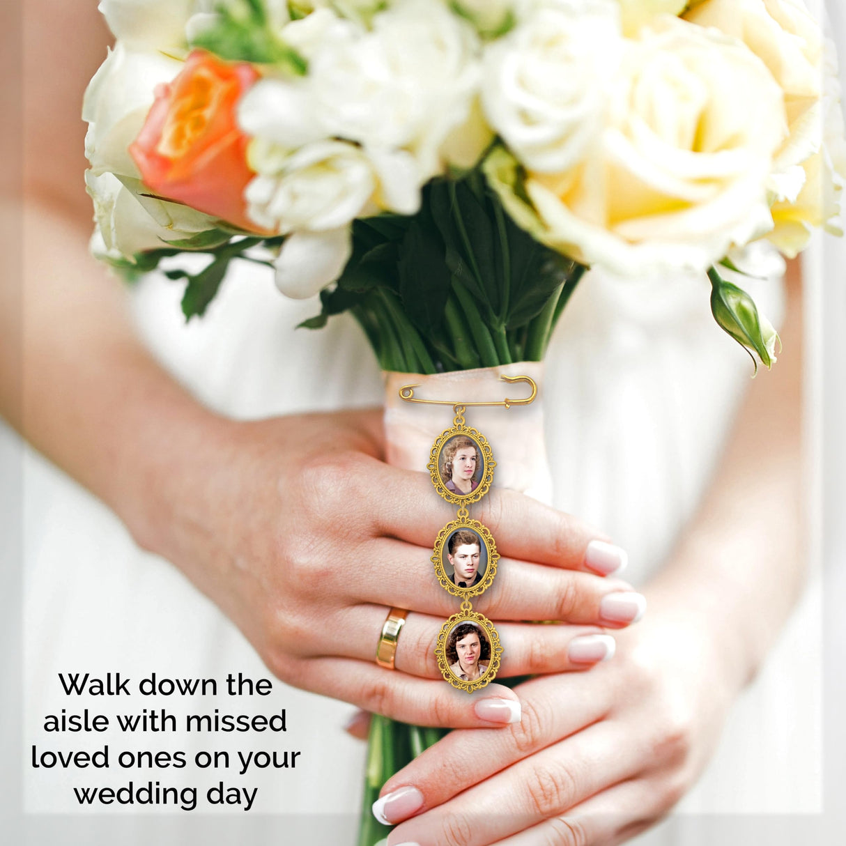 Wedding Bouquet Memorial Remembrance Photo Charm Gold Holds 3 Pictures