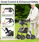 HOMLAND Walkers for Seniors with Seat, Foldable Rollator Walker, Reinforced Aluminum Frame, 8" Big Rubber Wheels for All Terrain, Height Adjustable Lightweight Rolling Walker