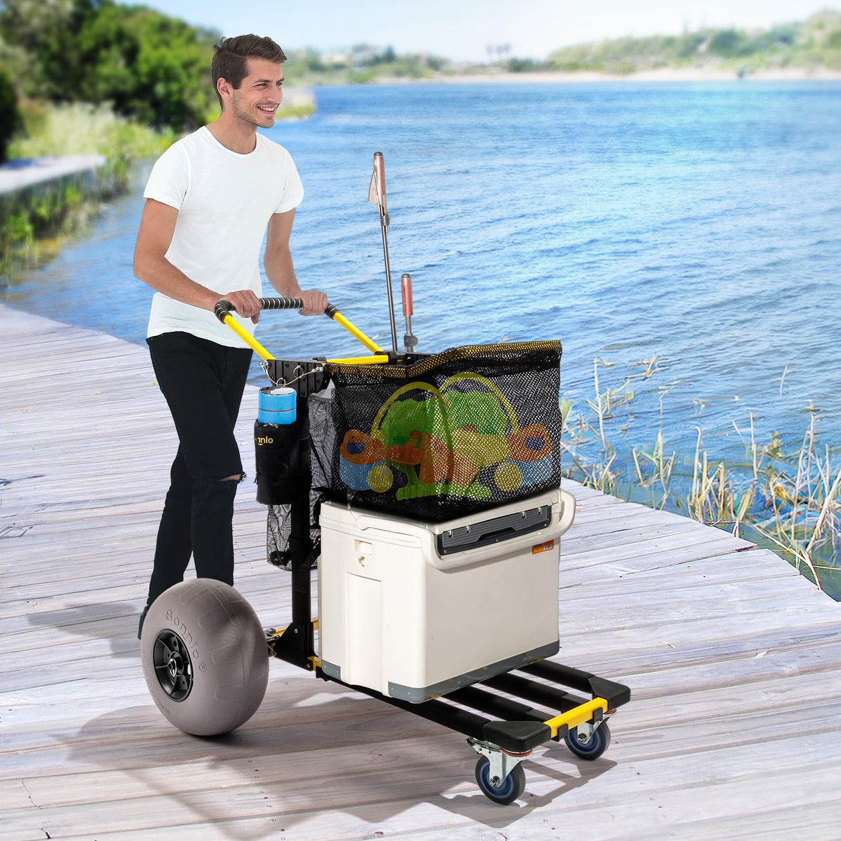 Bonnlo Beach Cart with 12" Big Balloon Wheels for Sand, Foldable 2-in-1 Beach Buggy Cart Fishing Cart with Large Cargo Deck, Fishing Rods Holder, Water Bottle Holder, 2 Mesh Bag, Hand Pump