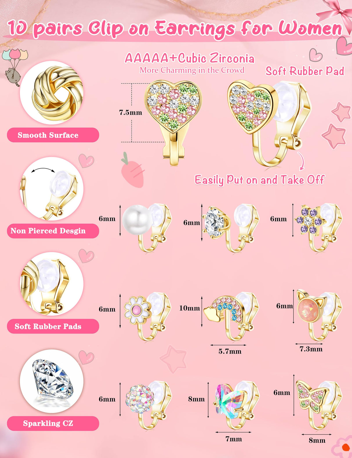 THUNARAZ 10Pairs Clip On Earrings for Women Lightweight Gold Non Pierced