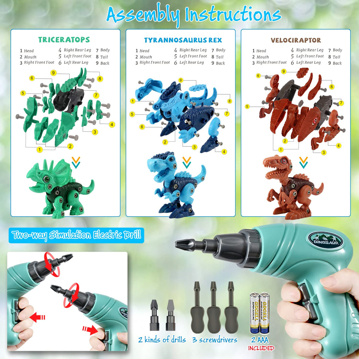 Dinosaur STEM Toys for Kids 3-5, Take Apart Dinosaur Toys with Electric Drill, Educational Building Toy & Construction Set, DIY Christmas Birthday Gifts for 3 4 5 6 7 8 Years Old Boys and Girls