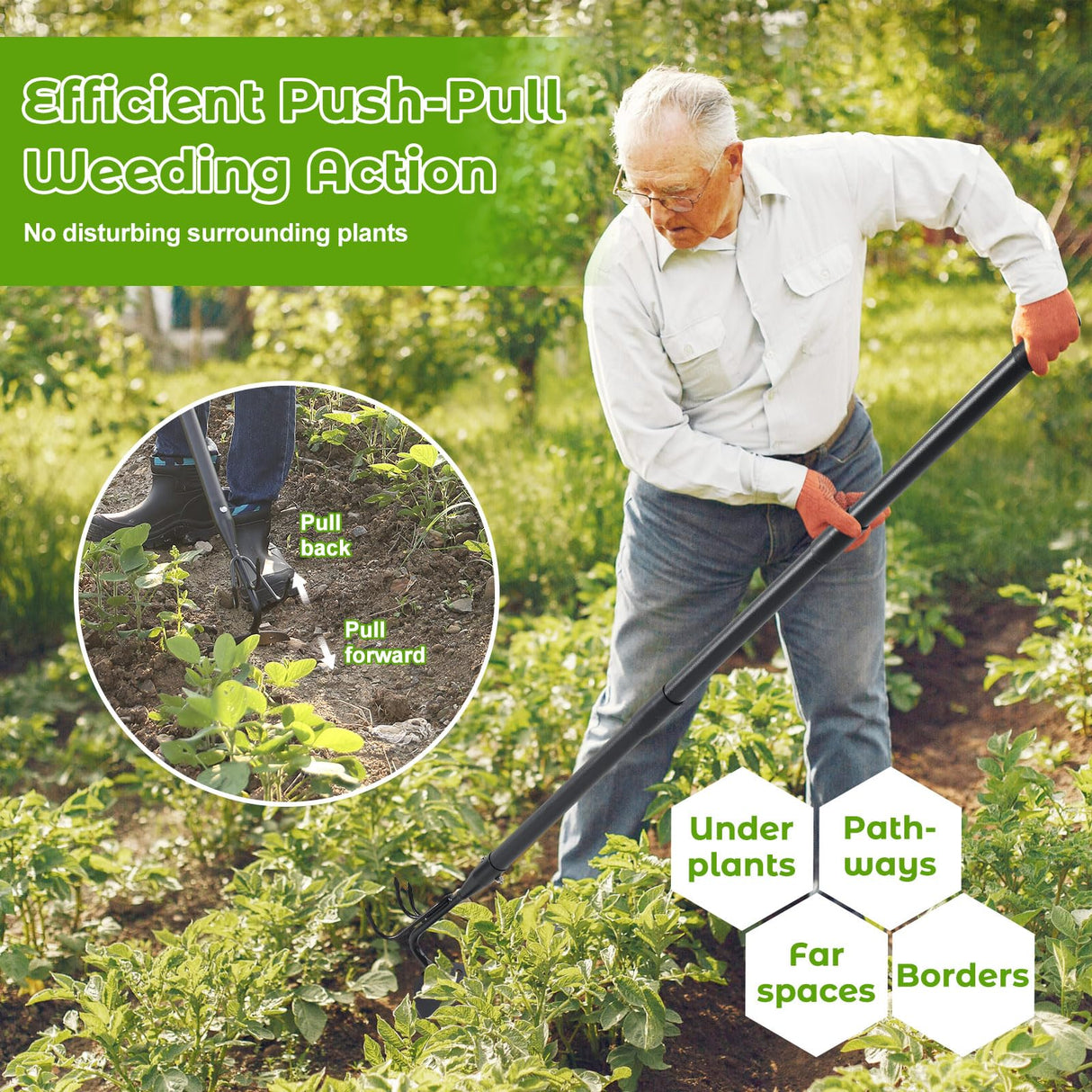 Lilyvane Garden Hoe, 2 in 1 Weeding Hoe and Cultivator Soil Tiller, 66" Long, Heavy Duty Hoe Garden Tool for Weeding, Loosening Soil, Cultivating, Gardening