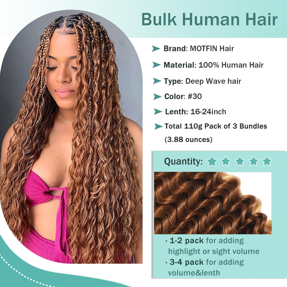 Human Braiding Hair for Boho Braids Human Hair 110g 20 Inch Curly Boho Hair for Braiding Knotless 12A Deep Wave Bohemian 3 Bundles/Pack Auburn Ginger