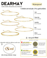 Dainty Gold Anklets for Women Waterproof, Simple14K Gold Palted Stackable Ankle Bracelets Non Tarnish, Thin Box Satellite Lips Dot Paperclip Link Chain Pack, Jewelry Sets for Summer Vacation Beach Swimming Bikini
