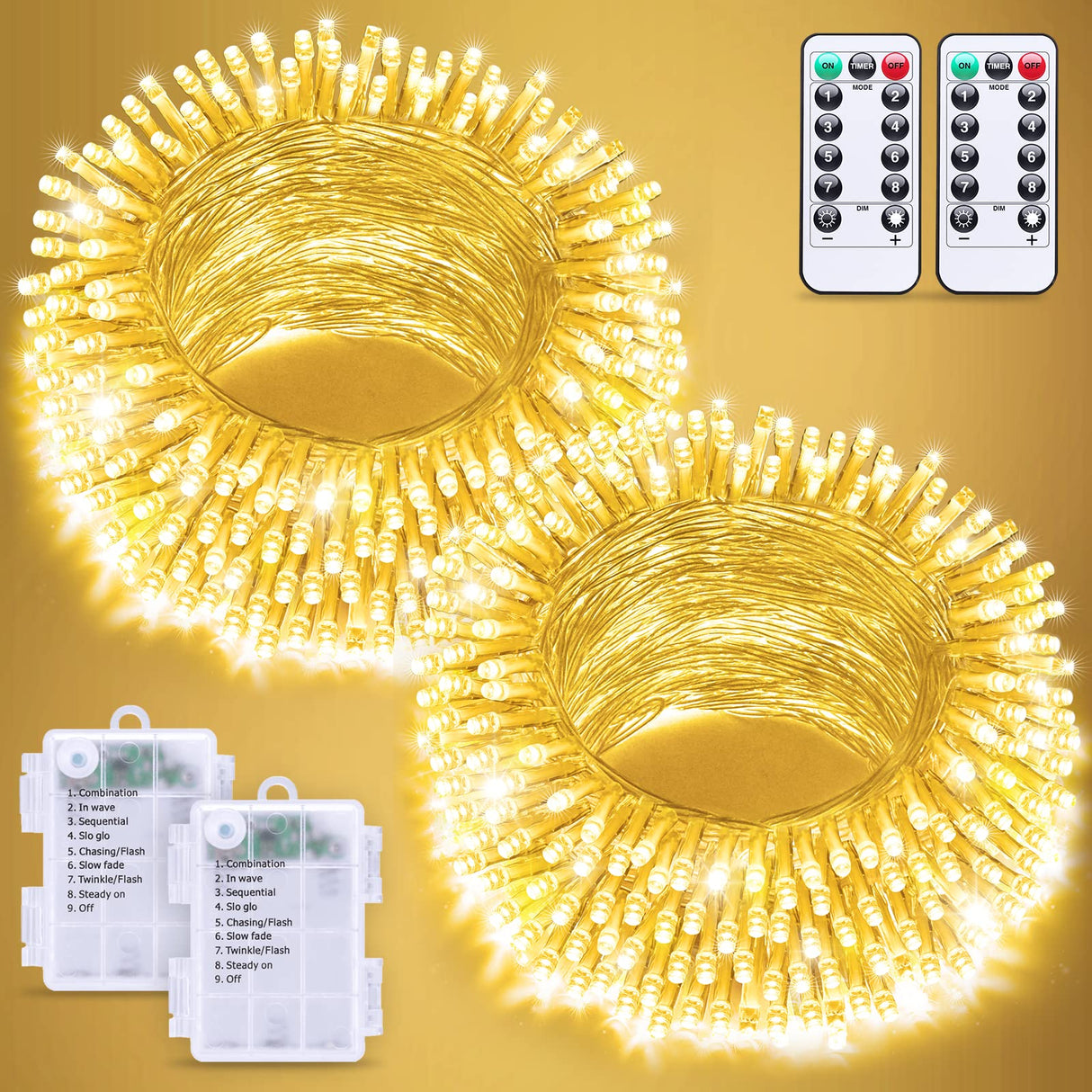 JMEXSUSS 2 Pack Battery Operated Christmas Lights with Remote, Total 66ft 200 LED Battery String Lights Outdoor Indoor, Warm White Twinkle Light for Christmas Tree Bedroom Porch Garland Yard Decor