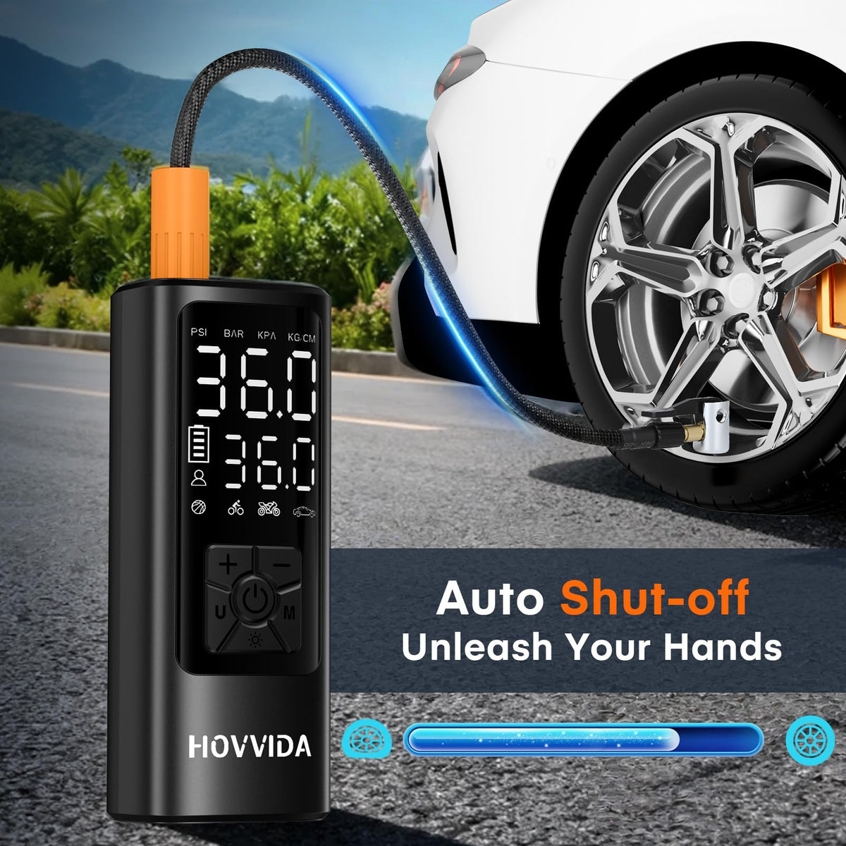 HOVVIDA Tire Inflator Portable Air Compressor, Bike Pump, Air Pump for Car Tires 150PSI with Digital Pressure Gauge, Auto Shut-Off, Fast Inflation, Bike Tire Pump for Car, Motorcycle, Bike, Ball