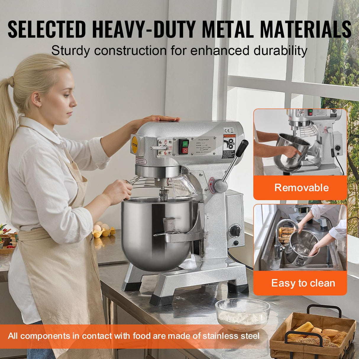 VEVOR Commercial Food Mixer 20Qt, Commercial Mixer with 3 Adjustable Speeds, 1100W Dough Mixer,Commercial Stand Mixer with Stainless Steel Bowl