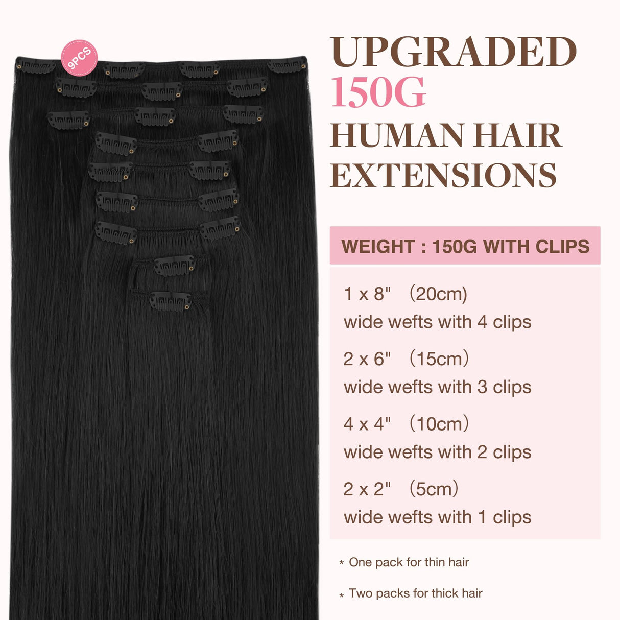 GOO GOO Clip in Hair Extensions Real Human Hair, Remy Human Hair Extensions Clip ins for Women, Natural Human Hair, 22inch 150g 9Pcs, 1 Jet black