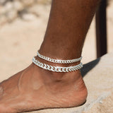 Sterling Silver Ankle Bracelets for Women Waterproof - Dainty Silver Anklets Trendy Layered 925 Silver Plated Stackable Chunky Cuban Link Chian Anklet Bracelet Set for Women Non Tarnish Jewelry Gift