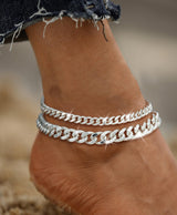 Sterling Silver Ankle Bracelets for Women Waterproof - Dainty Silver Anklets Trendy Layered 925 Silver Plated Stackable Chunky Cuban Link Chian Anklet Bracelet Set for Women Non Tarnish Jewelry Gift