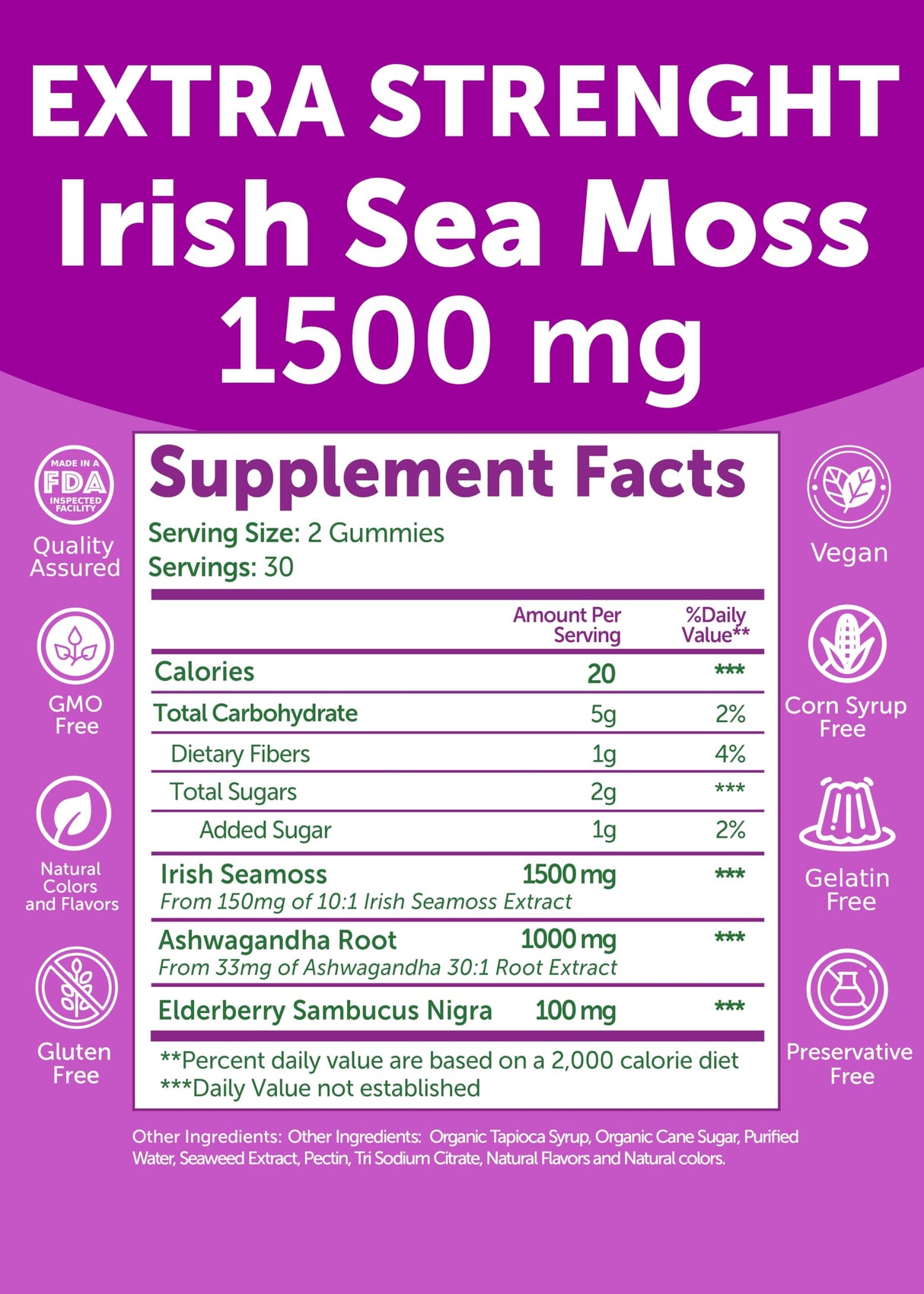 Lunakai USA Made Irish Sea Moss Gummies with Ashwagandha & Elderberry – Delicious Immune & Stress Support Supplement for Men & Women, 60ct