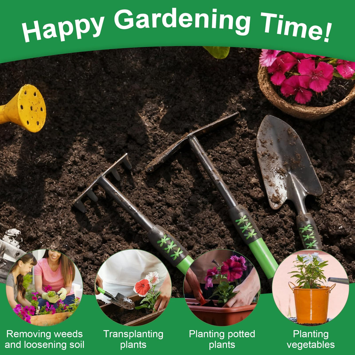 Zenrok Gardening Tool, 3 Pack Lightweight Heavy Duty Spade Shovel, Garden Tools and Hand Rake with Soft Rubber Non-Slip Handle, for Gardenging Planting Weeding Digging, Green ﻿