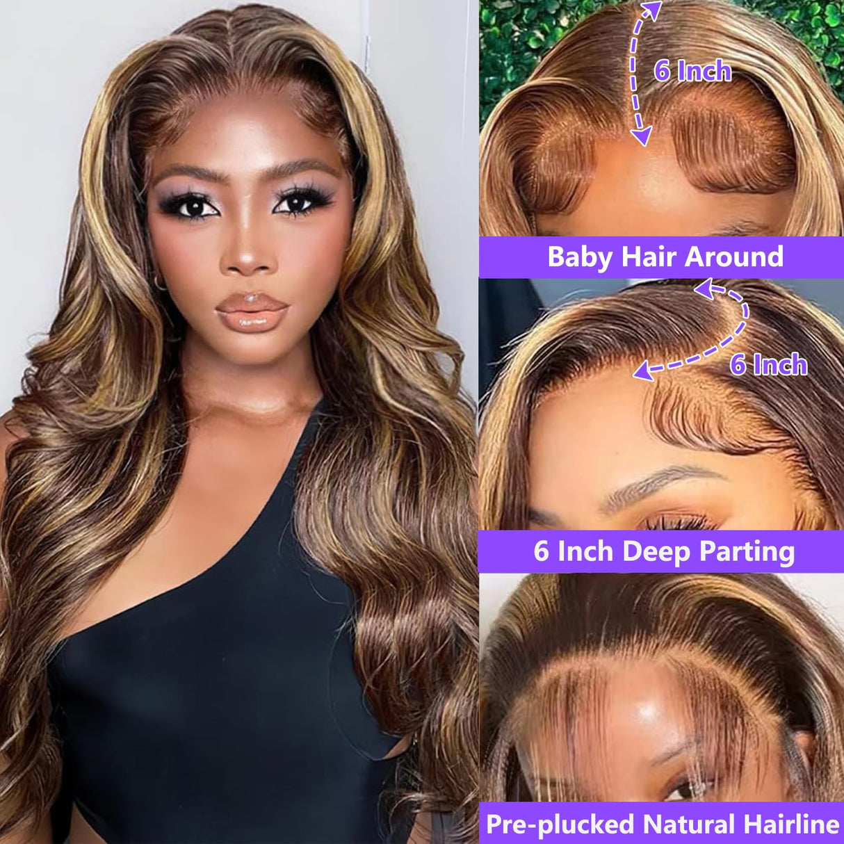 Honey Blonde Ombre Lace Front Wig Human Hair Highlight Body Wave 13X6 Lace Front Wigs Human Hair Pre Plucked HD Frontal 180 Density Glueless 4/27 Highlighted Human Hair Wig 26 Inch