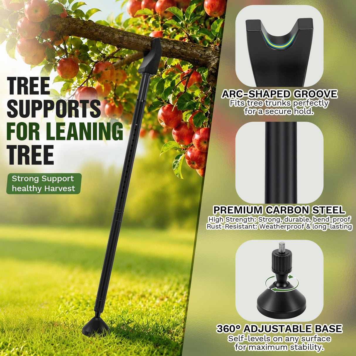 Carbon Steel Tree Support Pole with Crutch, Adjustable 20"-81" Tree Support for Leaning Trees, Prevents Fruit Trees Branch Breakage, Holds Up to 150 lbs, 360° Self Adjusting Base for Branch-Support