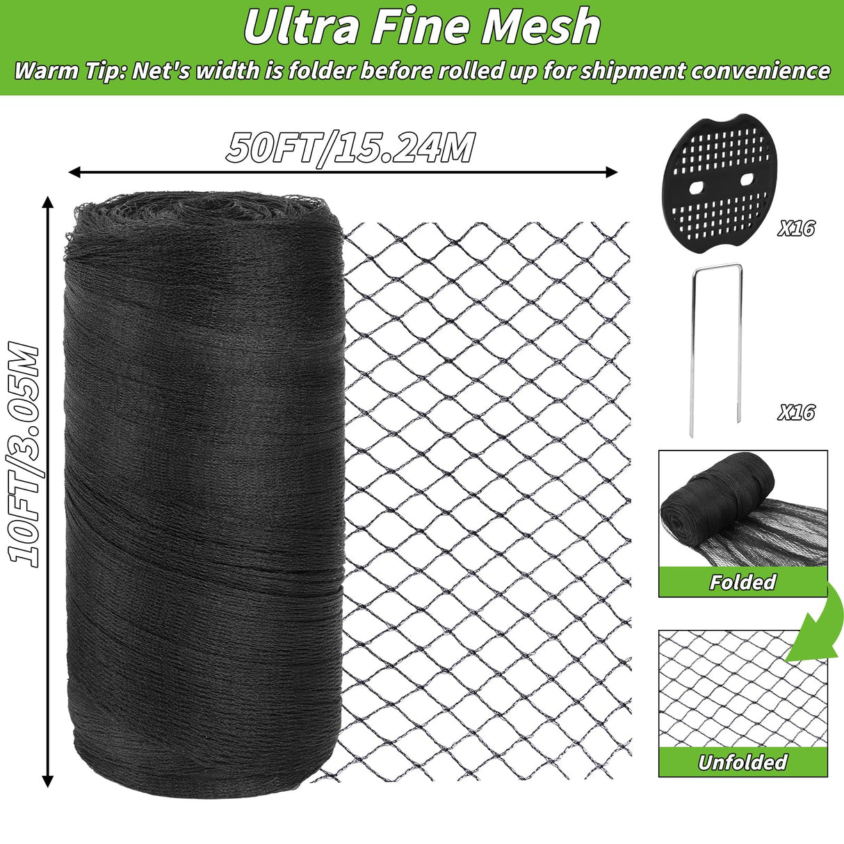Garden Mesh Netting 10x50 FT - Heavy Duty Bird Net, Mesh Pest Barrier Reusable Ultra Fine Deer Fence Netting Crops Row Cover Raised Bed Protect Fruits Flower Vegetables from Bird Deer Squirrel