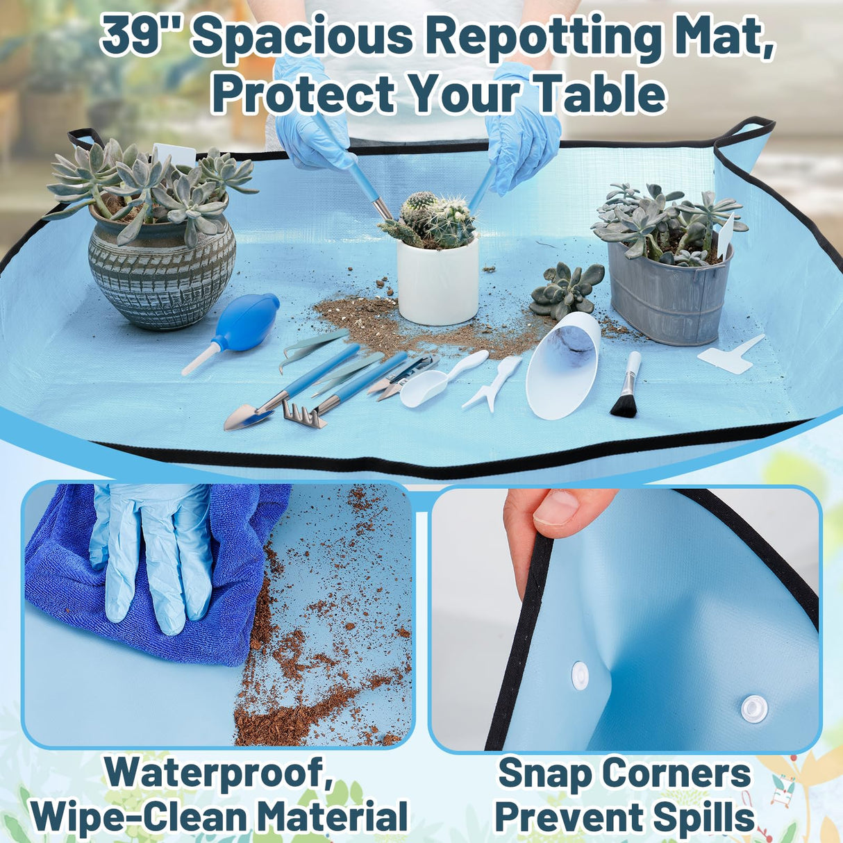 20pcs Small Gardening Tools Gifts for Women Beginners - Garden Hand Tools Set for Indoor Succulent Bonsai Plants Transplanting, Included 39" Plant Repotting Mat/Miniature Shovel/Labels, Blue
