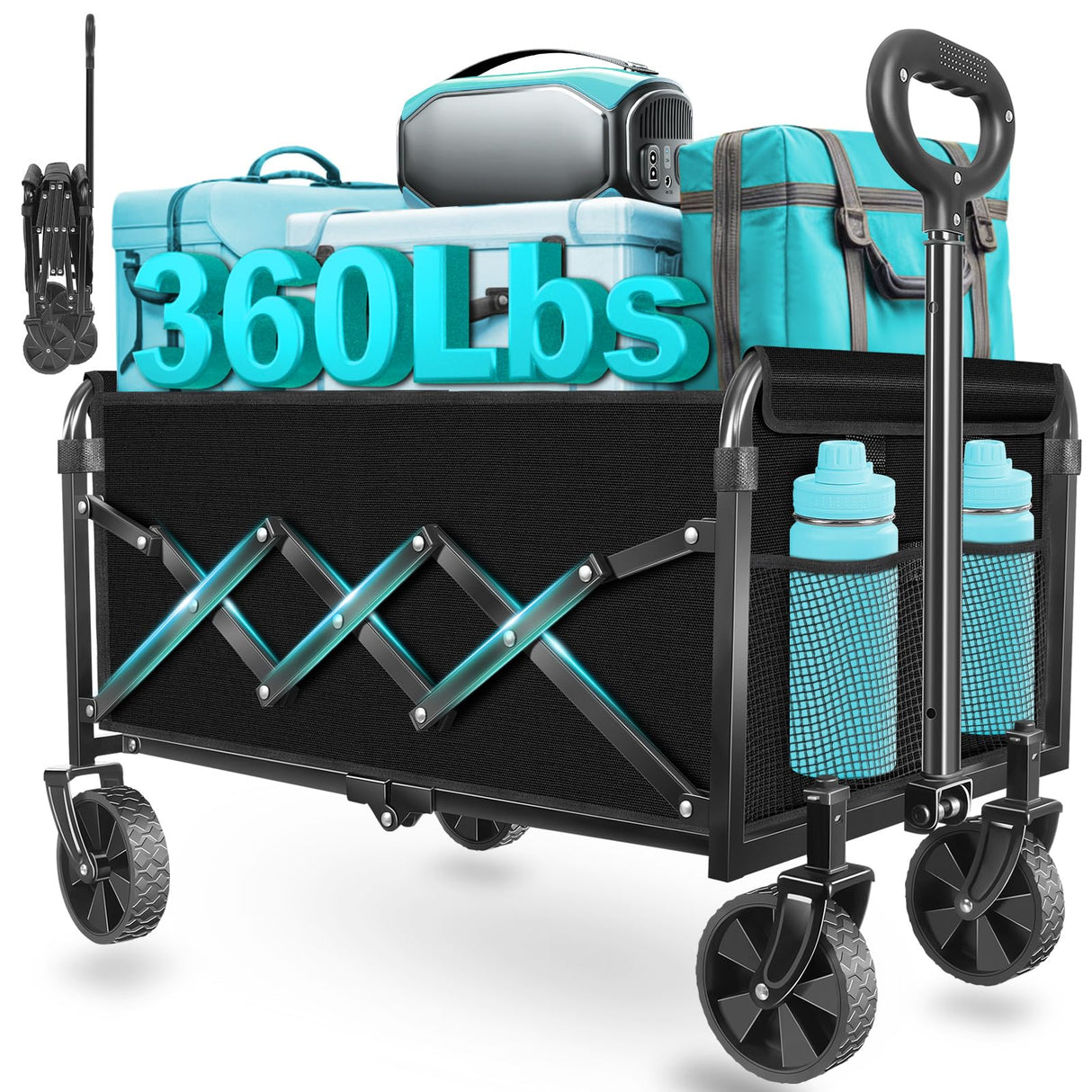 Collapsible Wagon Cart with Wheels, Compact 360 lb Folding Cart, Jet Black