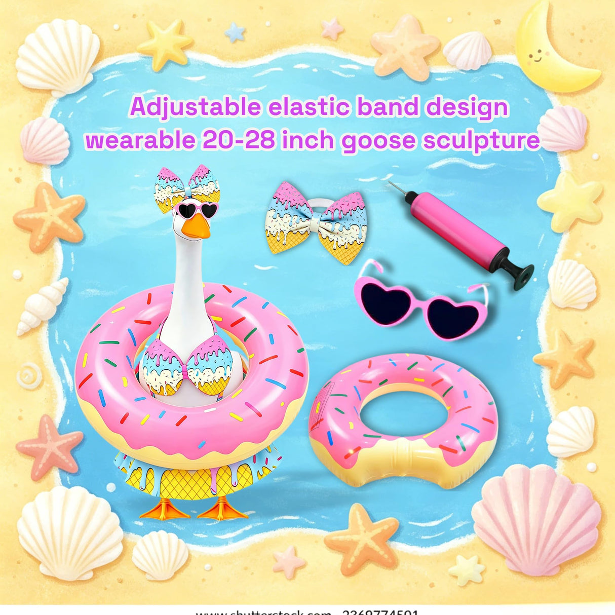 Porch Goose Outfits Summer Swimsuit - 5-Piece Ice Cream Theme Large Lawn Goose Clothes with Bikini, Bow Headband, Star Sunglasses, Swim Ring & Pump, Outdoor Yard Decor (Girlfriend Theme)