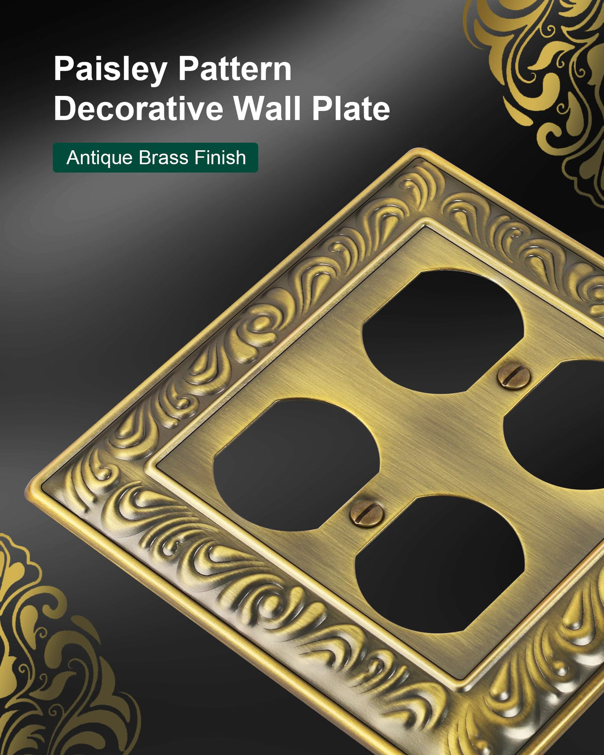 TREEWELL 2-Pack Double Duplex Outlet Cover, Antique Brass Metal Switch Plates and Outlet Covers, Paisley Pattern Decorative Wall Plates for Electrical Outlets, 2 Gang Receptacle Cover