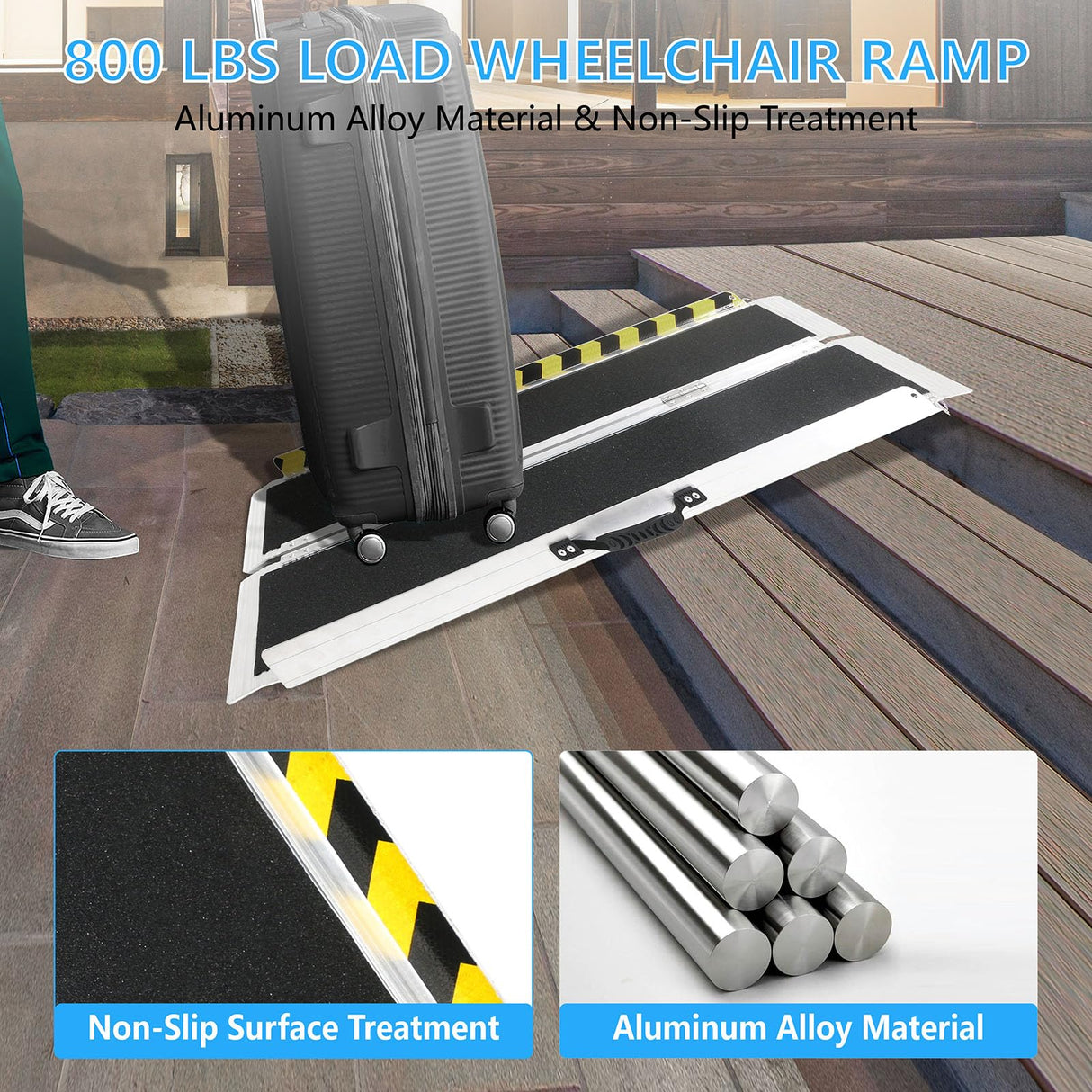 4FT Portable Wheelchair Ramp, Non-Slip Aluminum Folding Handicap Ramp, 800 LBS Capacity Door Threshold Ramps for Home Steps, Scooter Ramps for Car, Doorways, Curbs, Stairs, Cart, Wheel Chair Ramp Step