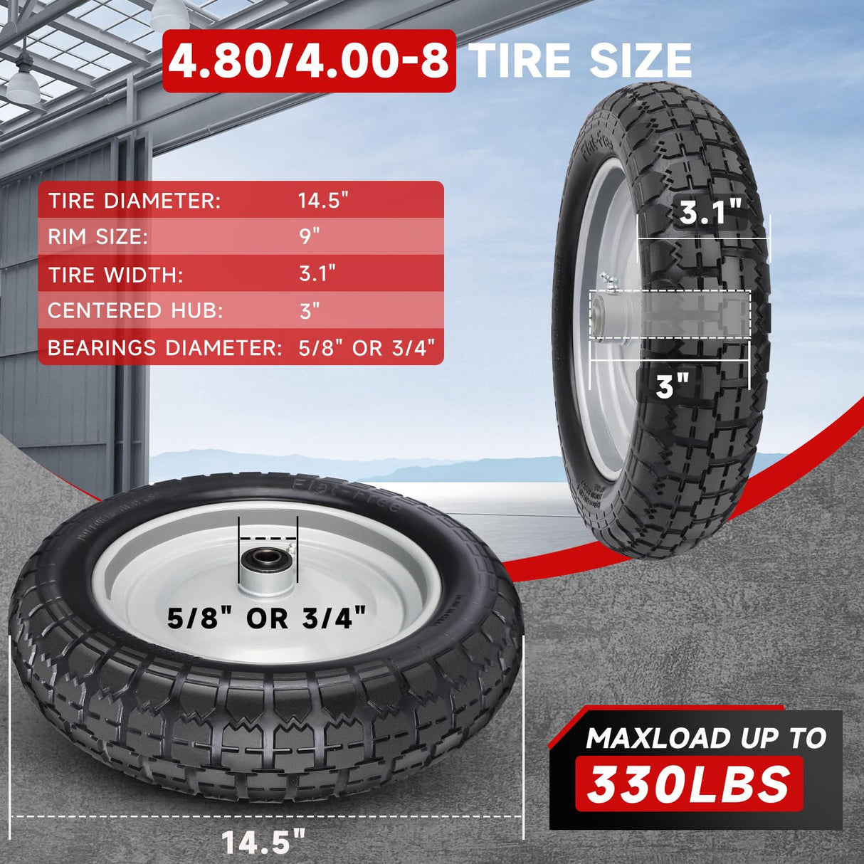 FEILOONG 4.80/4.00-8 Tire and Wheel, 14.5" Flat Free Wheelbarrow Tires