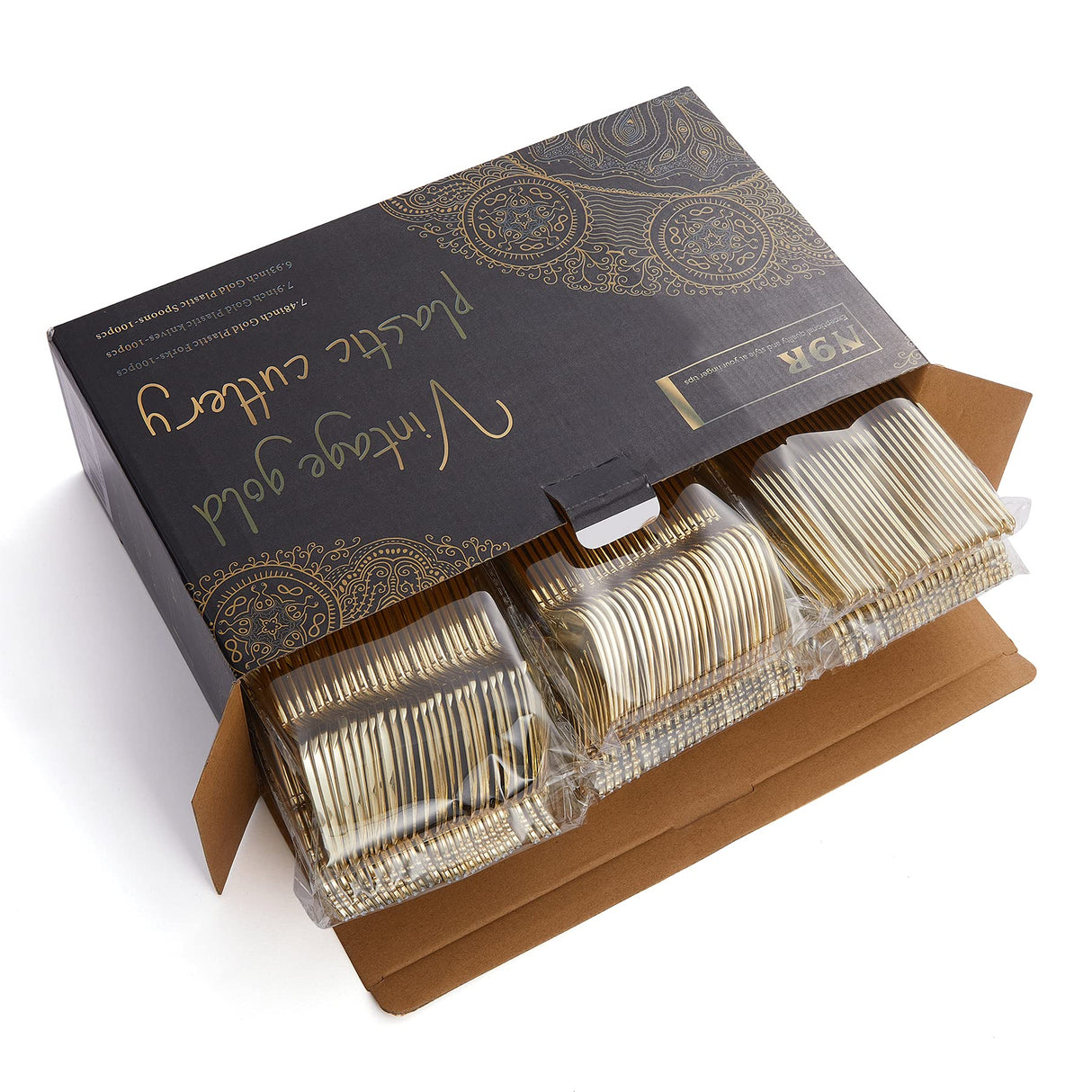 N9R 300pcs Gold Plastic Silverware Dinnerware Flatware- Heavyweight Plastic Cutlery Set, 100 Forks, 100 Spoons, 100 Knives, Gold Utensils for Party, Thanksgiving, Christmas