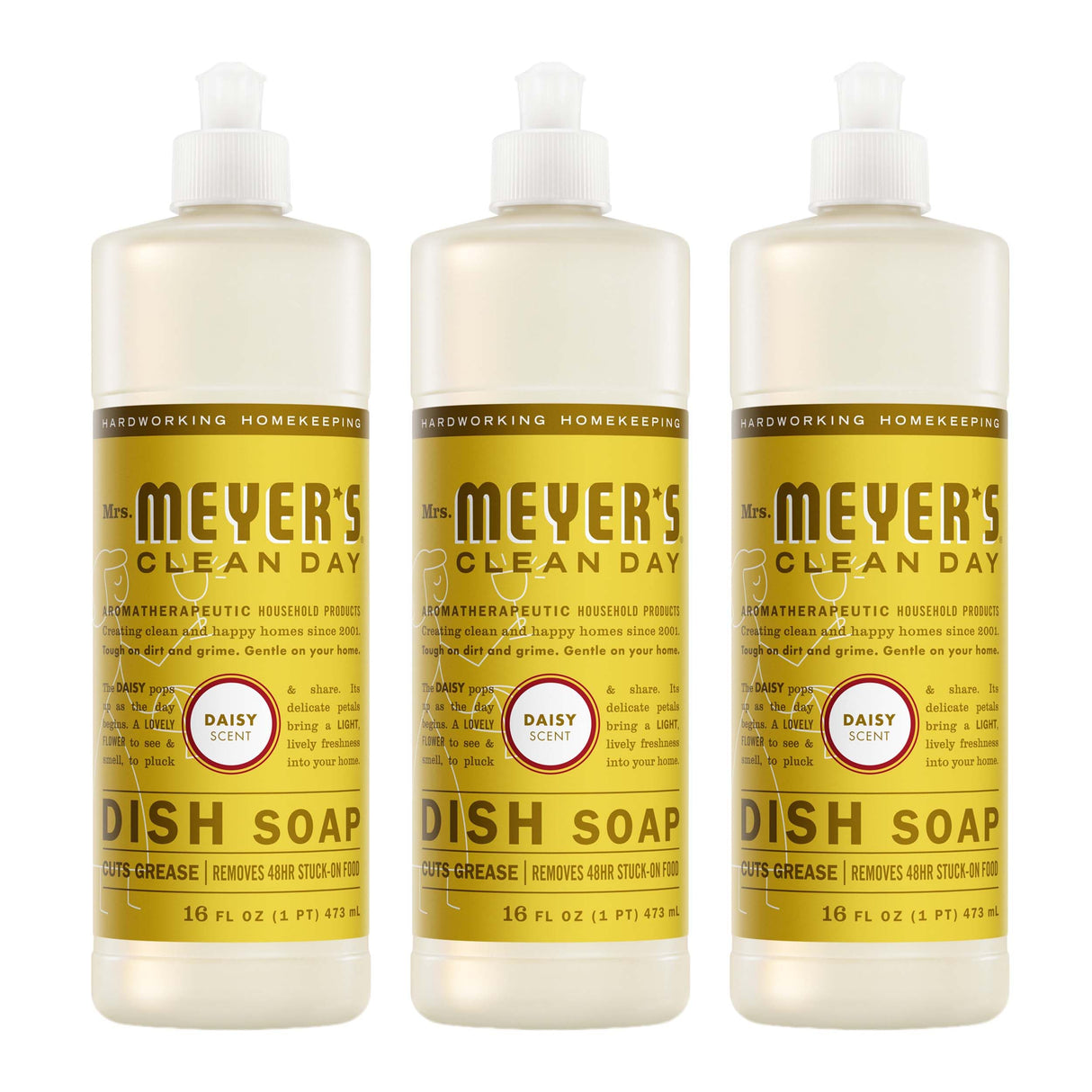 MRS. MEYER'S CLEAN DAY Liquid Dish Soap, Daisy Scent, 16 Ounce Bottle (Pack of 3)