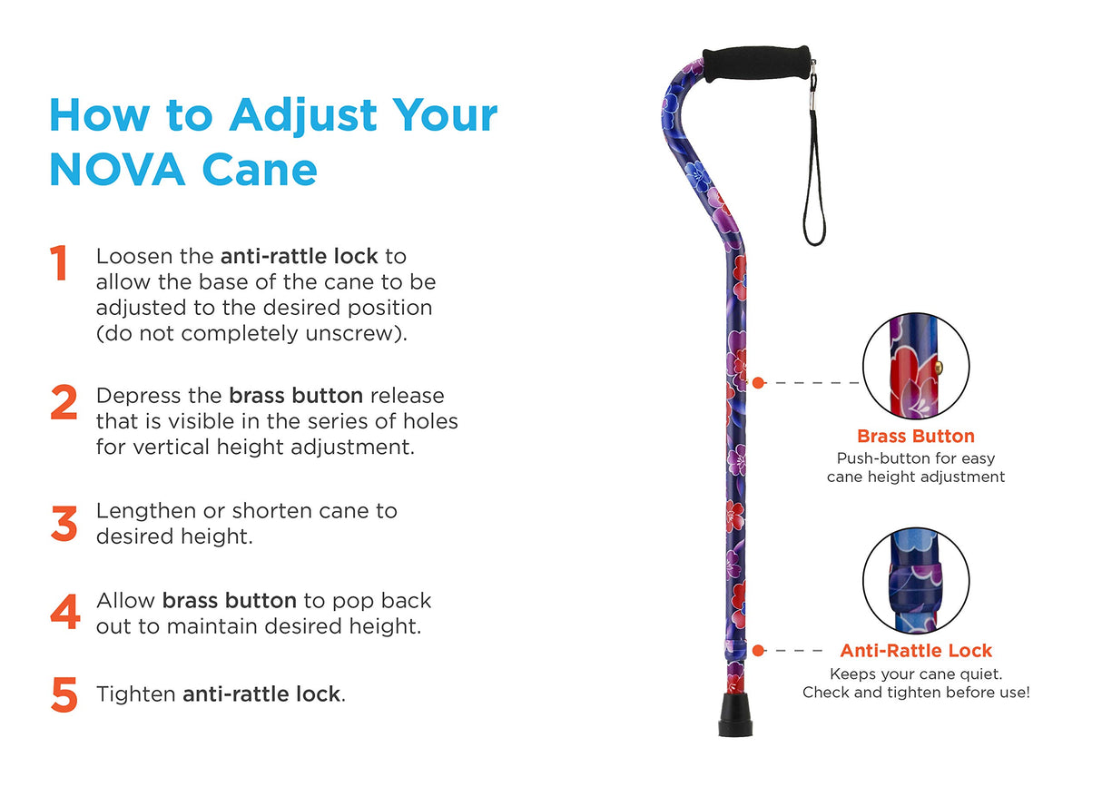 NOVA Sugarcane, Walking Cane with All Terrain Rubber Quad Tip Base and Carrying Strap, Black Design
