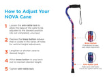 NOVA Medical Products Sugarcane, Walking Cane with All Terrain Rubber Quad Tip Base and Carrying Strap, Waves Design, Blue Rain
