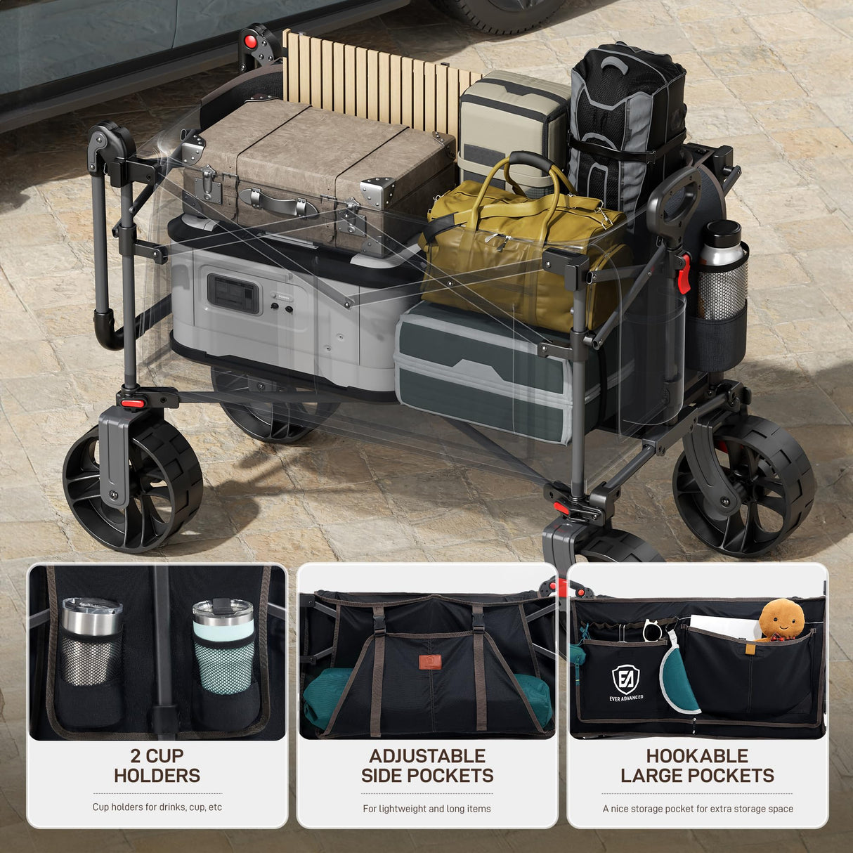 EVER ADVANCED Folding Push Wagon with Brakes, Portable Shopping Cart