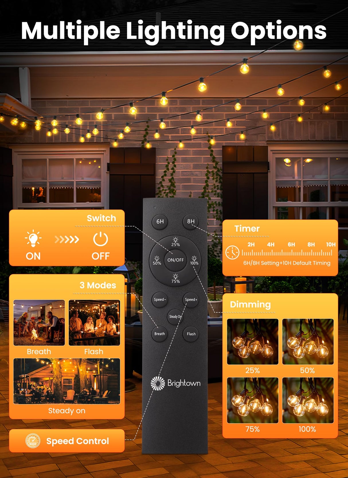 Brightown 58FT 26LED Solar String Lights Outdoor with Remote & USB Port, Shatterproof Bulbs, Dimmable & Timable, 3 Modes, Patio Lights Solar Powered with Mount Clips for Camping Backyard Garden Decor