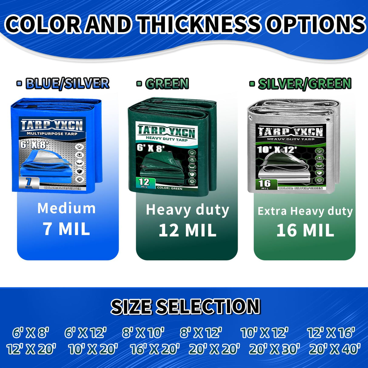 TA*RP YXCN Tarp 10x12 Feet, 7 Mil Thick Waterproof Poly Tarps Cover UV Resistant, Rip & Tear Proof with Metal Grommets Every 20 Inche (Blue/Silver)