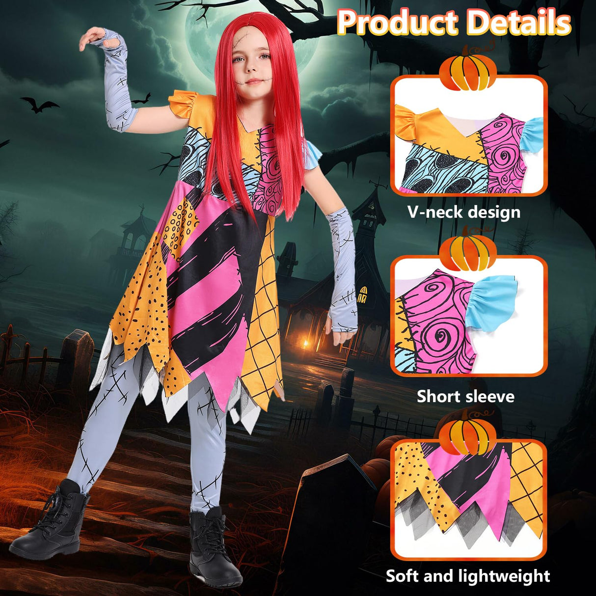 Costume Girls Kids Christmas Nightmare Cosplay Outfit Toddler Halloween Costumes Doll Princess Dress Up Set with Red Wig Tattoo Stickers CA039XXL