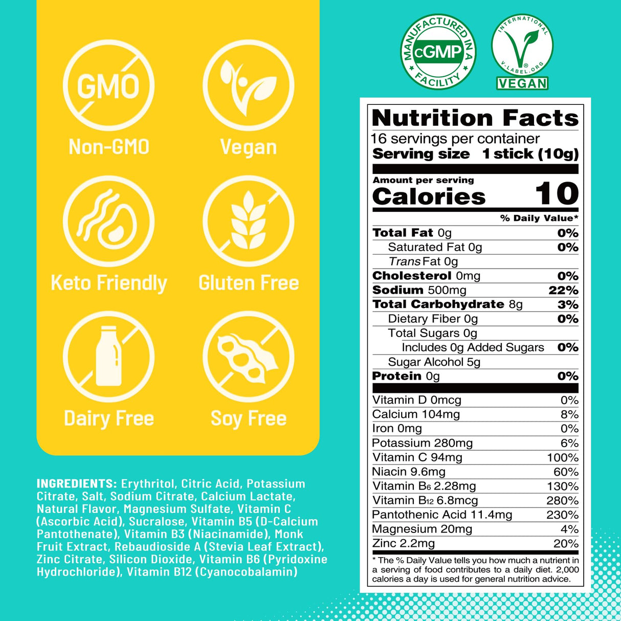 Venture Pal Sugar Free Electrolyte Powder Packets - Liquid Daily IV Drink Mix for Rapid Hydration & Party Recovery | 5 Vitamins & 7 Electrolytes| Keto Friendly | Non-GMO | Certified Vegan | 16 Sticks