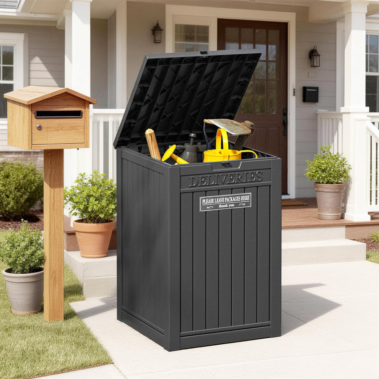 GULAIMOAO Package Delivery Box for Outside, Storage Box with Lockable Secure, Outdoor Resin Package Drop Container Waterproof for Backyard, Garden, Patio & Lawn, Black
