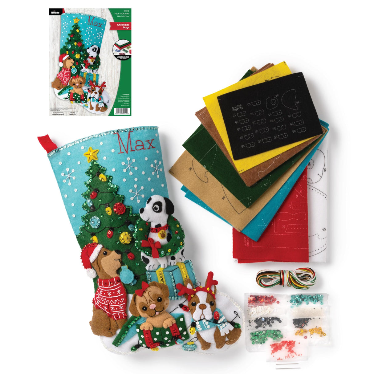 Bucilla Felt Applique 18" Stocking Making Kit, Christmas Dogs, Perfect for DIY Arts and Crafts, 89251E