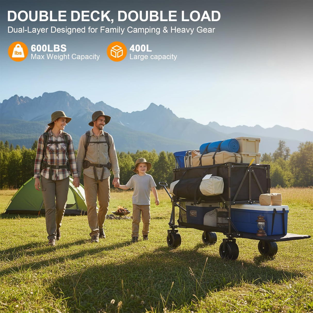 Double Decker Wagon Heavy Duty Collapsible, 600LBS 400L Capacity