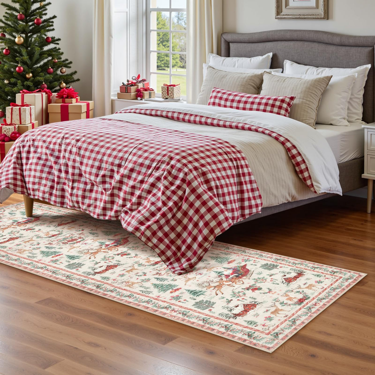 Lahome Christmas Runner Rug 2x8 Beige Rug Runners for Hallways Non Slip,Washable Kitchen Bathroom Runner Rug,Soft Christmas Tree Santa Claus Carpet Runner for Entryway Holiday Decor(2'x8',Beige)
