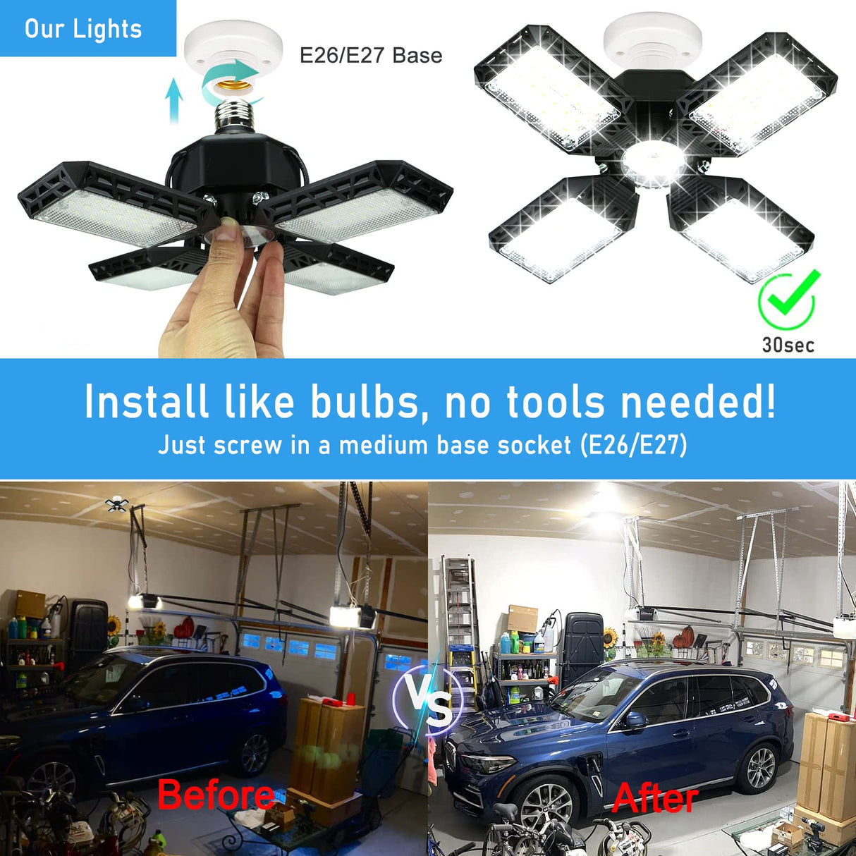 QiyuanLS 2-Pack LED Garage Light, 150W Deformable LED Ceiling Lights, 15000LM Garage Lighting with 4 Adjustable Panels, E26/E27 Shop Lights for Basement, Workshop, Attic