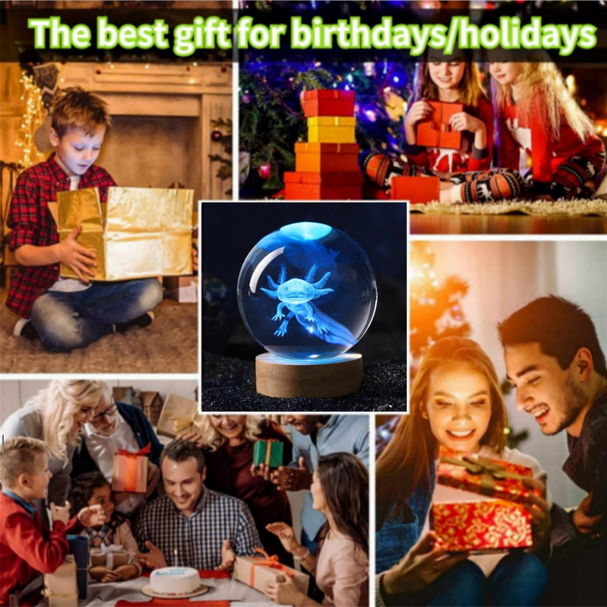 axolotl lamp,3.15 inch 3D K9 Crystal Ball Axolotl Night Light with Wooden Base,16 colors change,remote control,color box,Birthday Christmas axolotl Gift