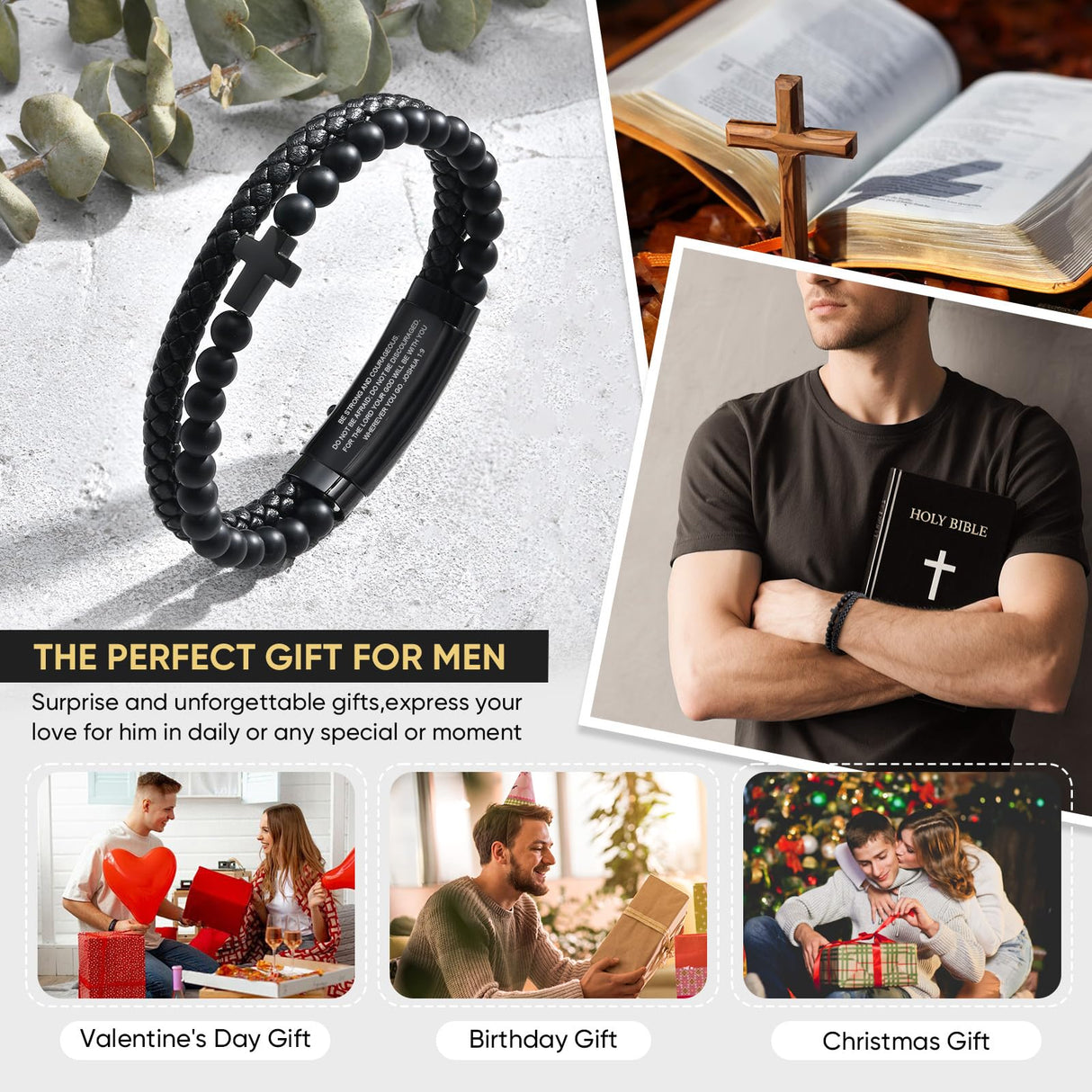 VNOX Mens Bracelet for Men - Double-Row Black Braided Leather Bracelets for Men,Stainless Steel Cross Bible Verse Jewelry with Black Onyx Beads Bracelets Religious Gifts for Christian,4