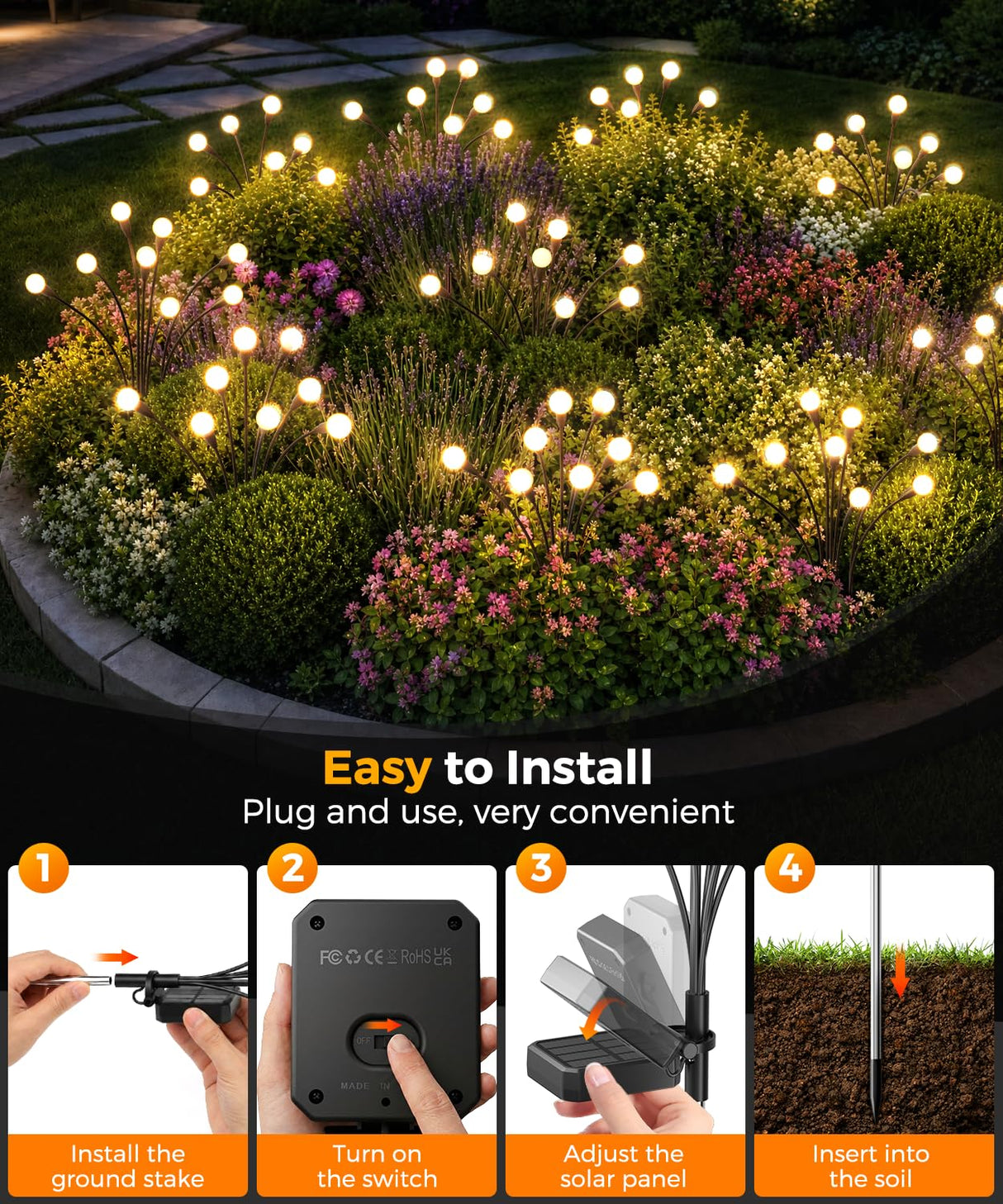 Cnuoky 6 Pack Solar Garden Lights 48 LED, Solar Lights Outdoor Waterproof IP65, Decorative Garden Lights Solar Powered for Yard Patio Pathway Decor, Outside Fairy Firefly Lights Garden Gifts
