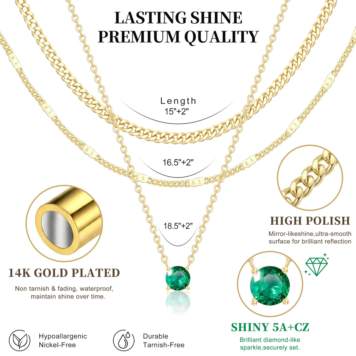 WomenGifts May Created Emerald (Deep Green) Layered Necklace Set, 14K Gold Plated Birthstone Pendant with Choker Cuban Link & Satellite Chain, Personalized Jewelry Gift