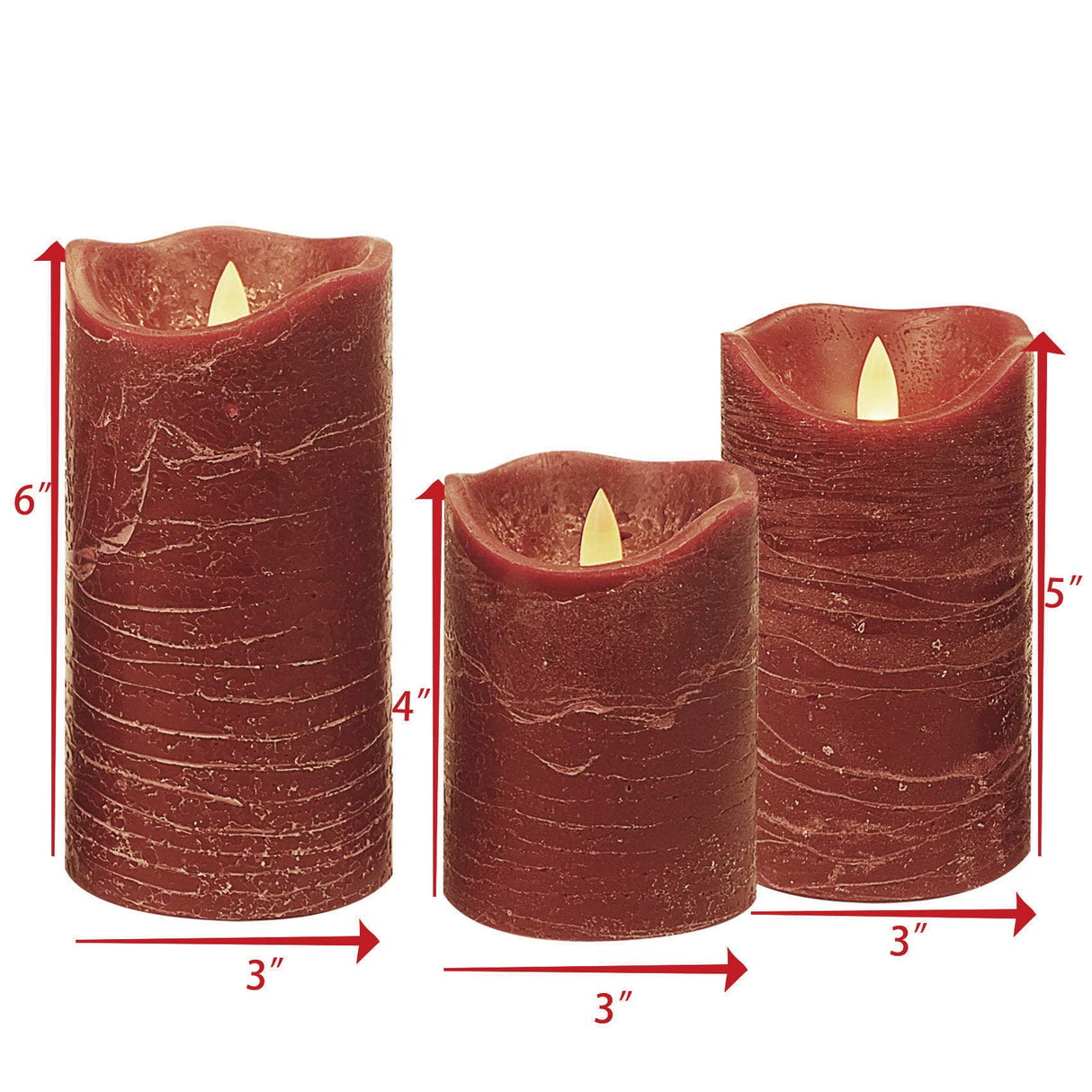 CANDLE CHOICE Battery Operated Flameless Candles with Remote Timer Real Wax Realistic Flickering Electric LED Pillar Lights for Home Wedding Party Christmas Decorations 3 Pack Rustic Texture Burgundy