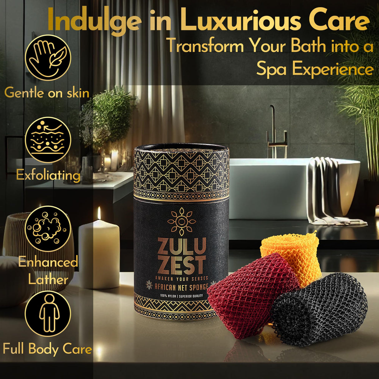 African Net Sponge – Exfoliating Long Nylon Bath Cloth, 3 Pack, Durable Body and Back Scrubber, Dead Skin Remover for Women and Men, Quick Dry, Luxury Skin Care (Black, Yellow, Burgundy)